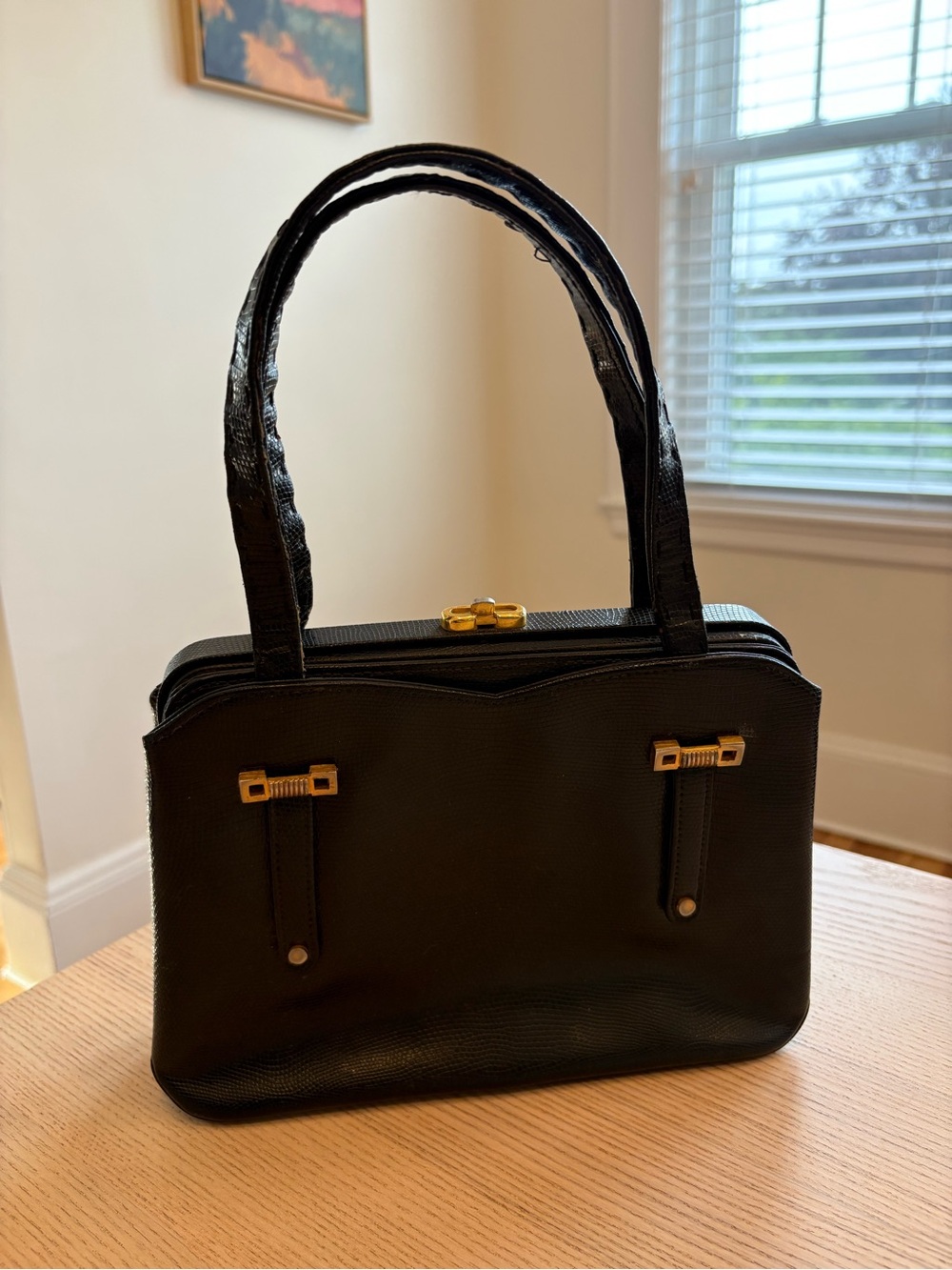 Vintage Black Structured Top-Handle Bag with Gold Hardware